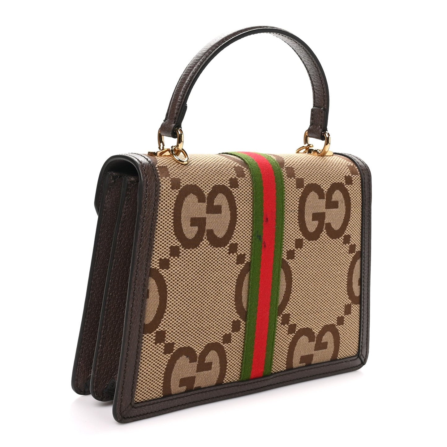 Monogram Jumbo GG Textured Dollar Calfskin Web Small Ophidia Padlock Top Handle Bag Camel Ebony New Acero