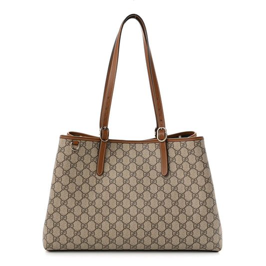 GG Supreme Monogram Emblem Large Tote Bag Beige Dark Brown