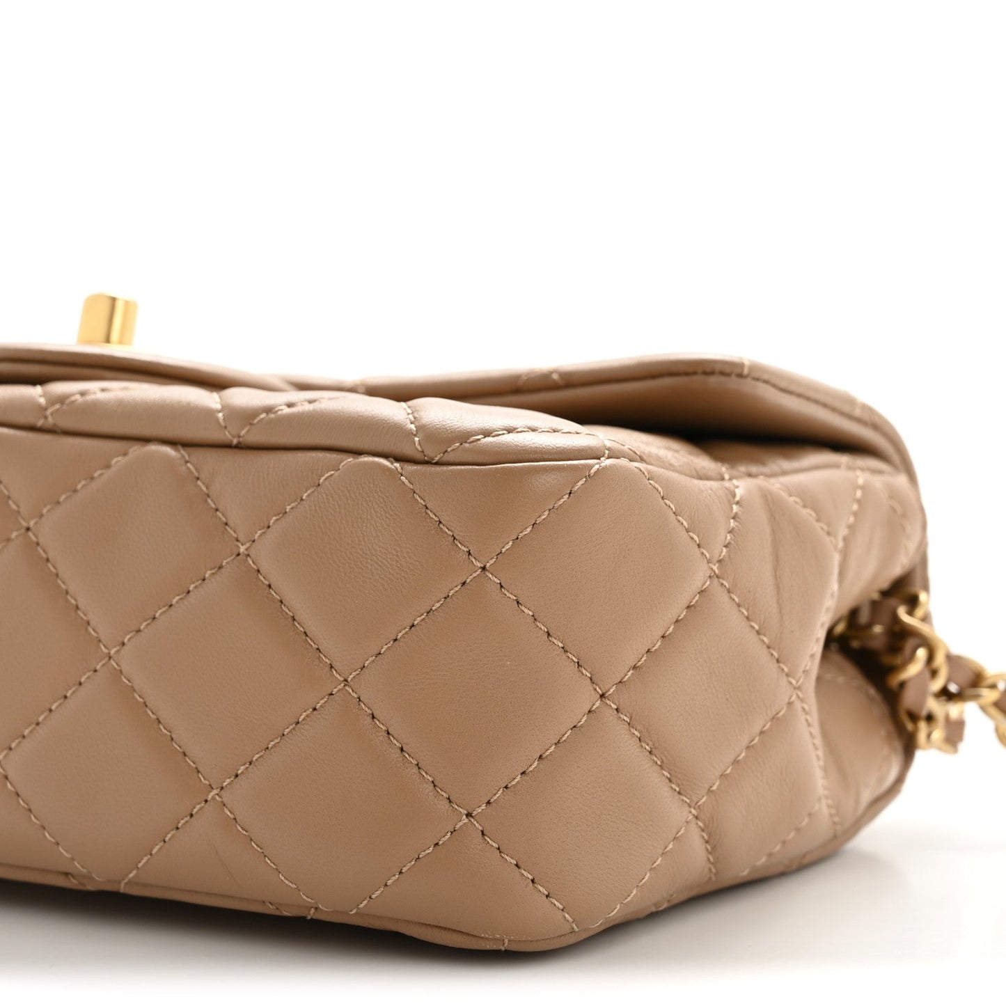 Lambskin Quilted Mini Rectangular Pearl Crush Flap Beige