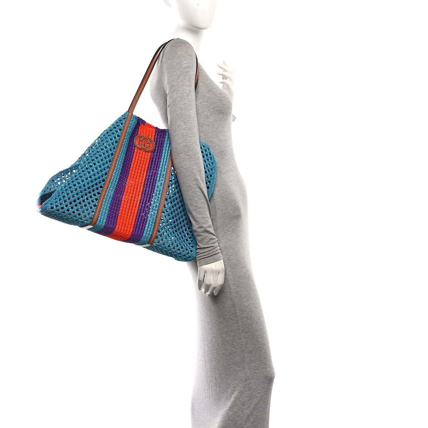 Raffia Web Woven Interlocking G Tote Blue Multicolor