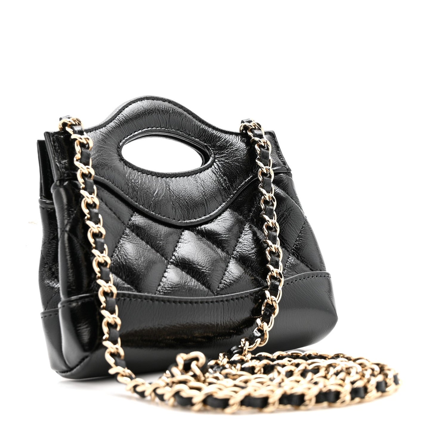 Shiny Lambskin Quilted Micro 31 Clutch With Chain Black
