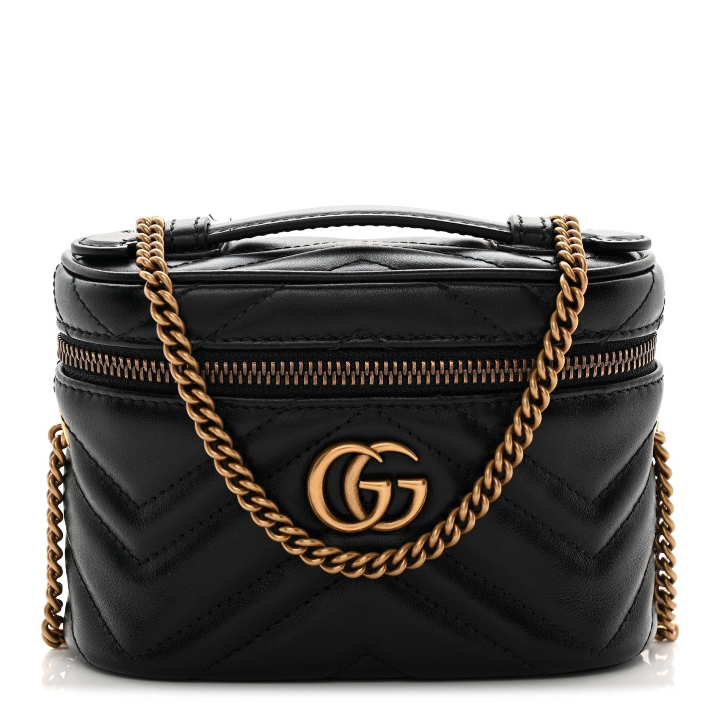 Calfskin Matelasse Chevron Mini GG Marmont Top Handle Bag Black