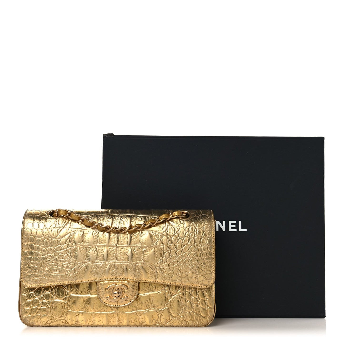Metallic Calfskin Crocodile Embossed Cocodile Medium Double Flap Gold