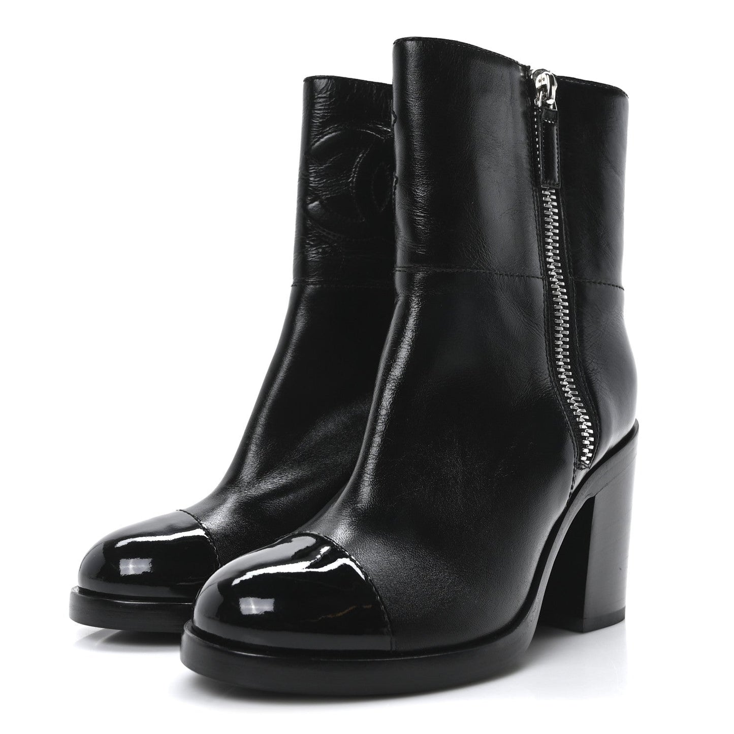 Calfskin Patent Quilted Cap Toe CC Boots 36 Black