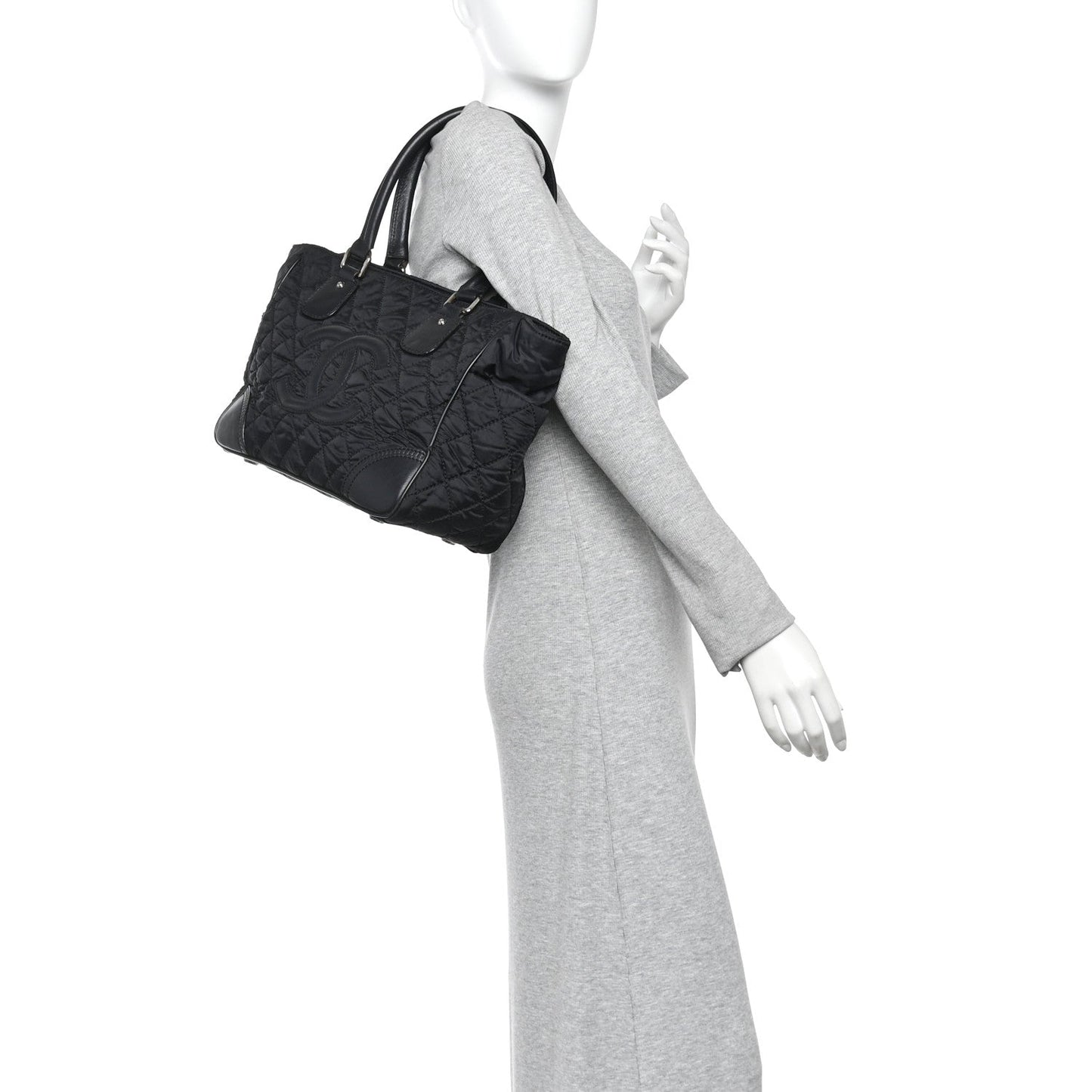 Nylon Calfskin Quilted CC Paris New York Tote Bag Black