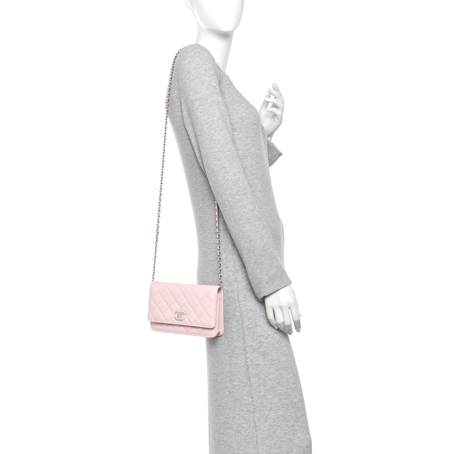 Caviar Quilted Crystal CC Wallet On Chain WOC Light Pink