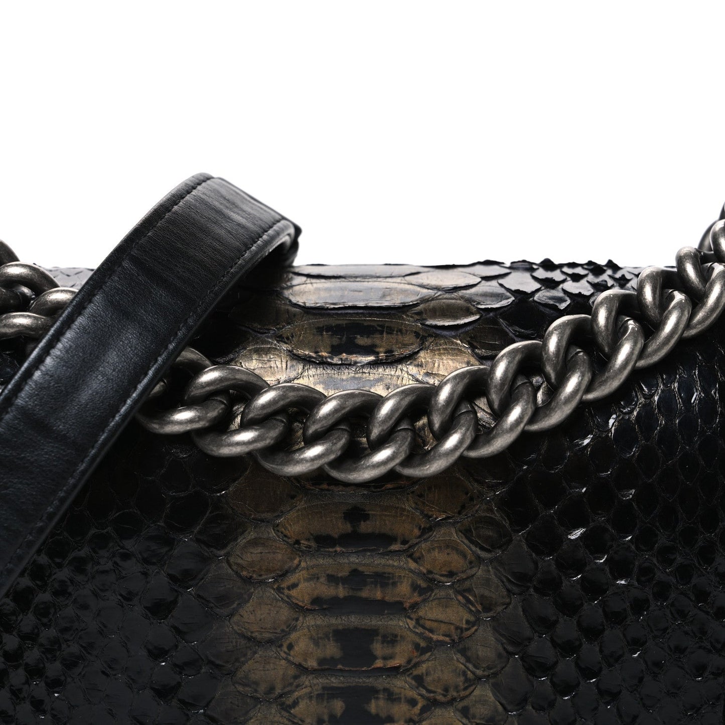 Patent Calfskin Snakeskin Small Boy Flap Black Silver