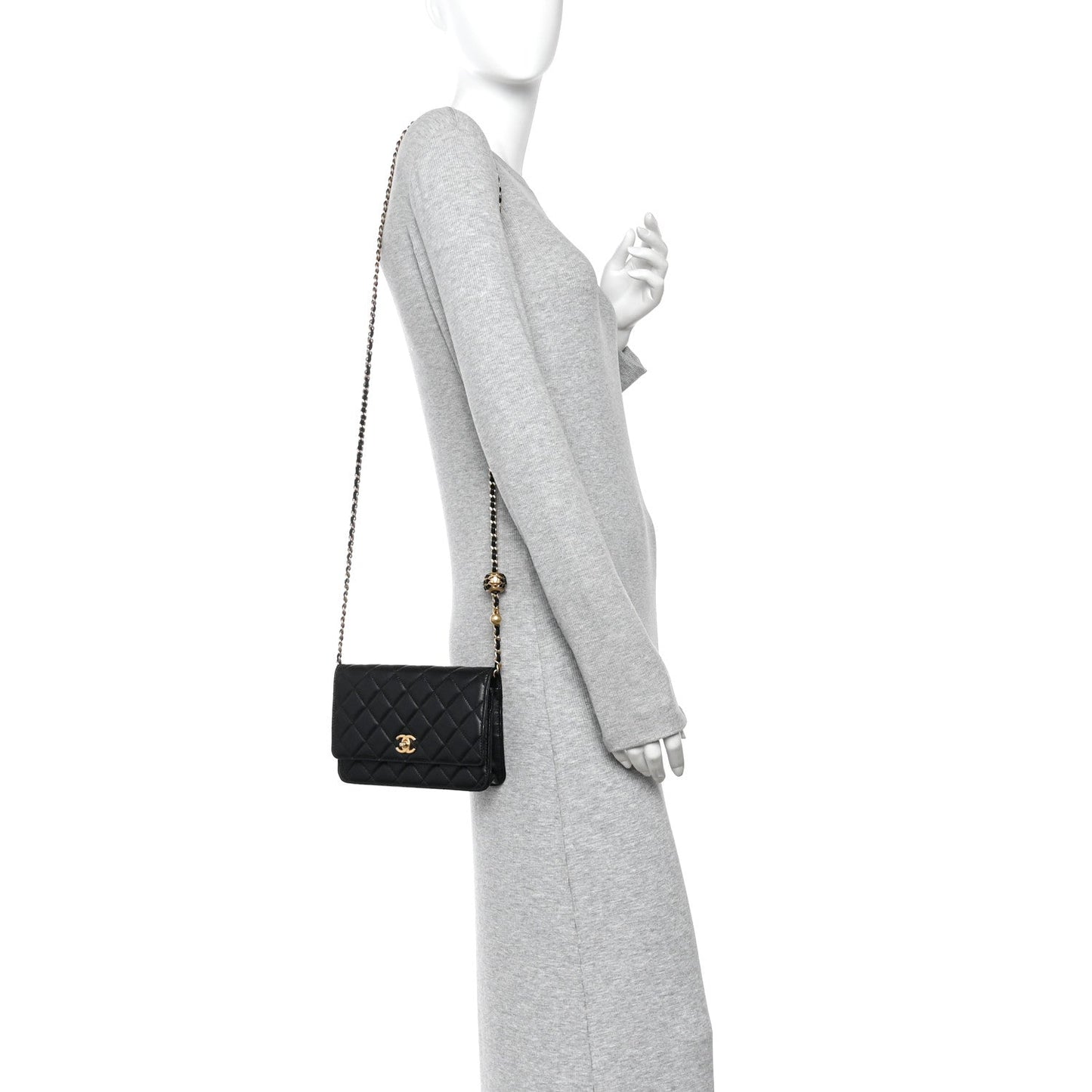 Lambskin Quilted CC Pearl Crush Wallet on Chain WOC Black