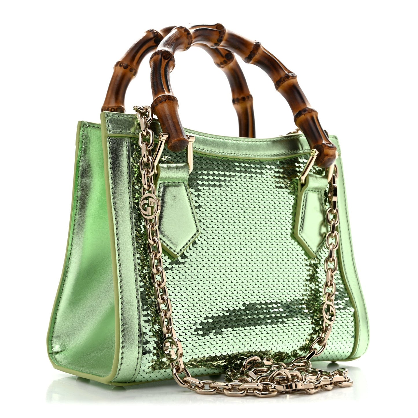Metallic Calfskin Sequin Mini Diana Tote Bag Green