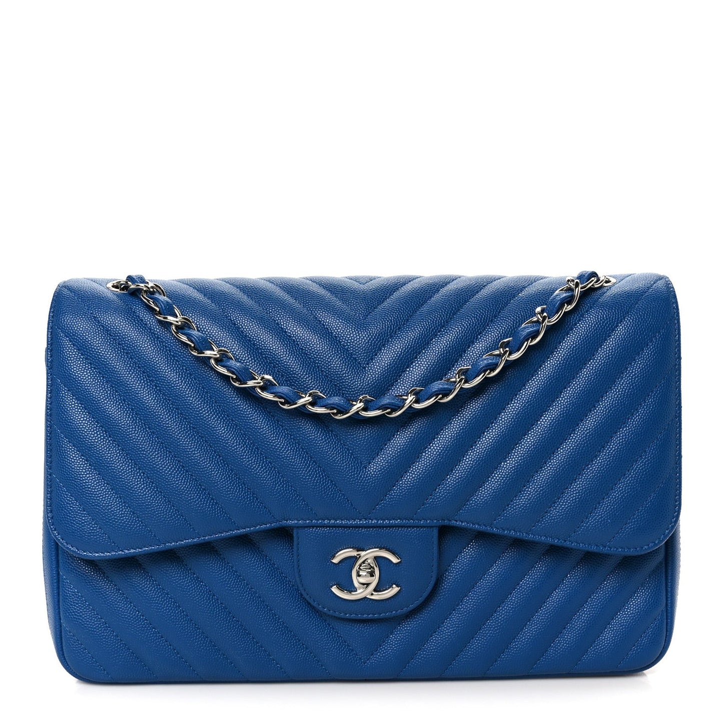 Caviar Chevron Quilted Jumbo Double Flap Blue