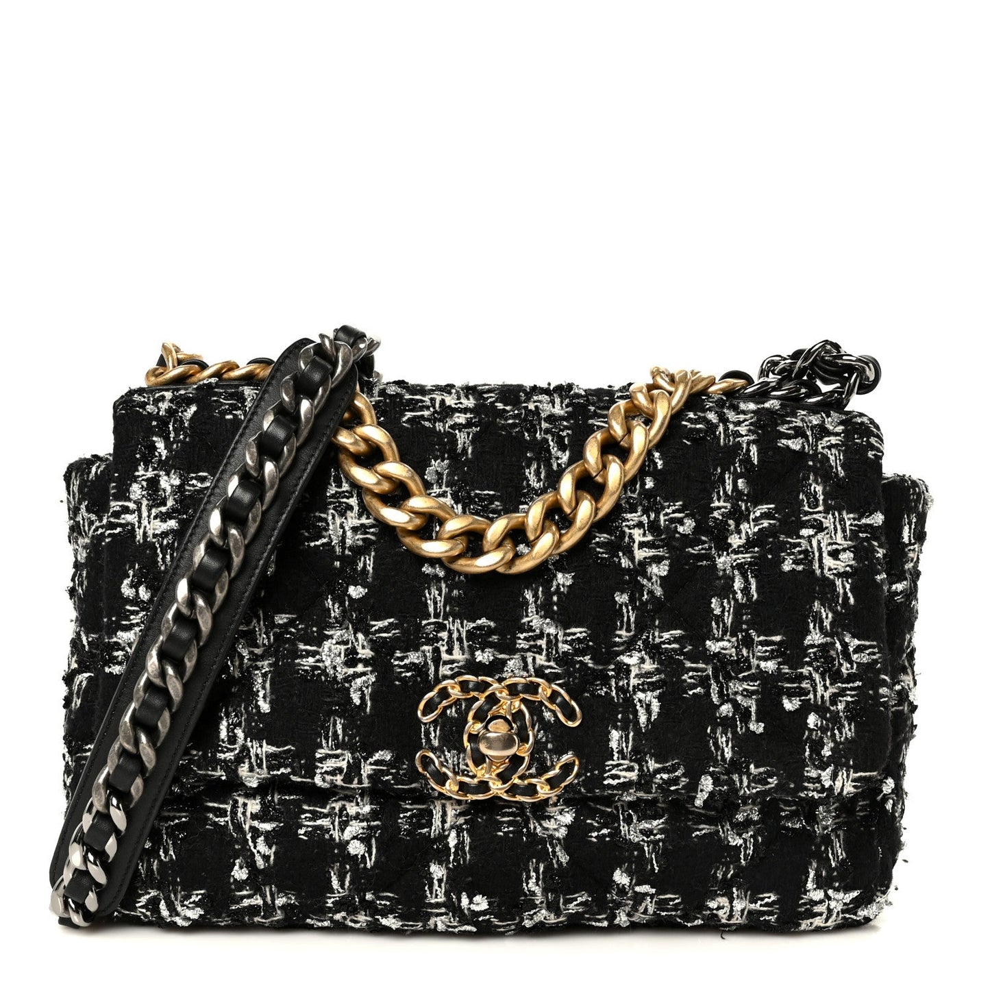 Tweed Quilted Medium Chanel 19 Flap Black Silver Ecru