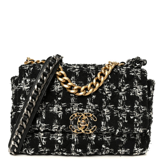 Tweed Quilted Medium Chanel 19 Flap Black Silver Ecru