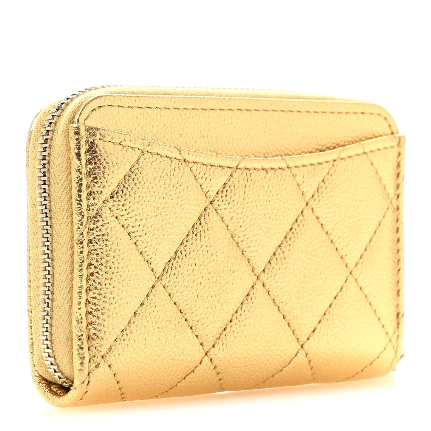Metallic Caviar Quilted Zip Coin Purse Gold