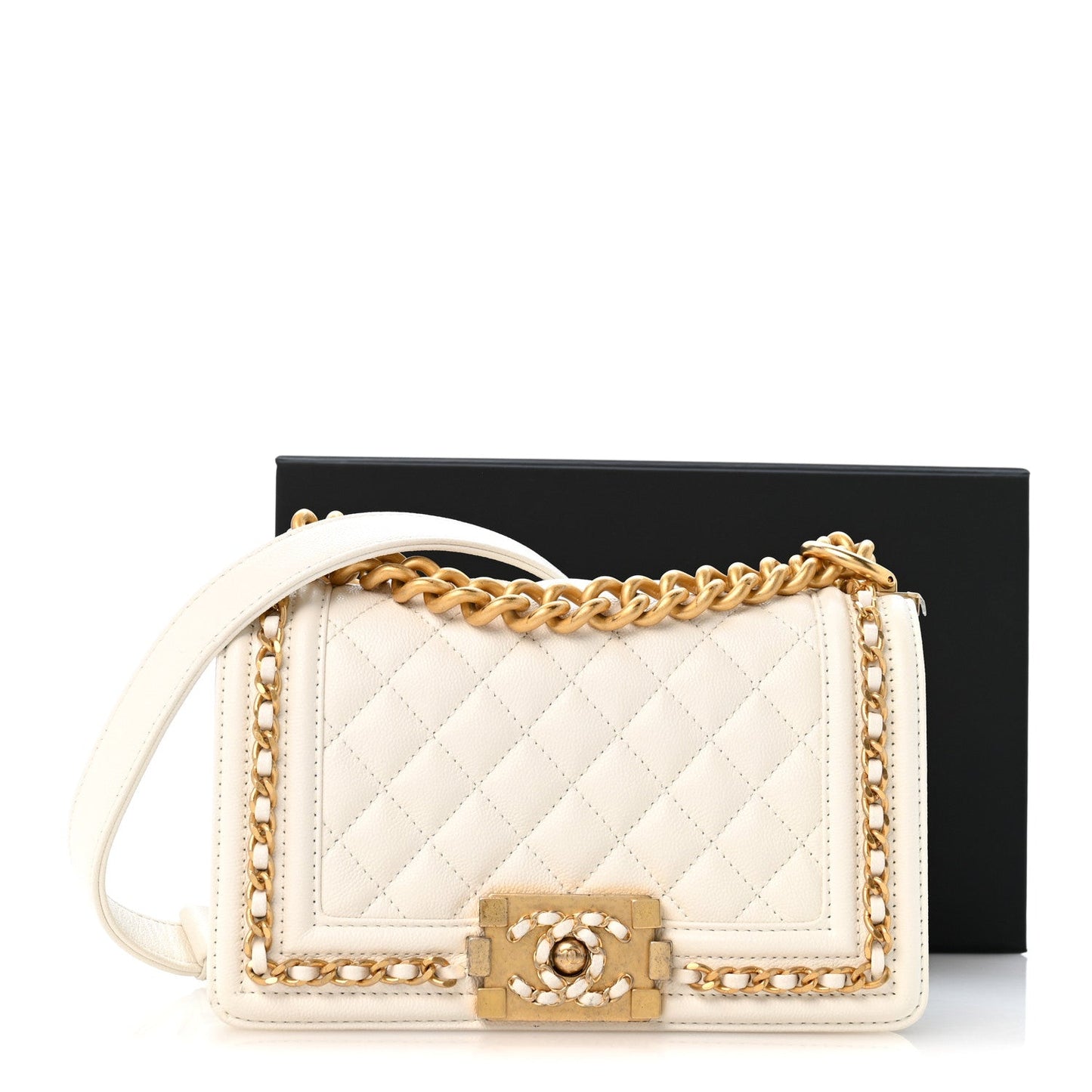 Caviar Quilted Small Chain Around Boy Flap White