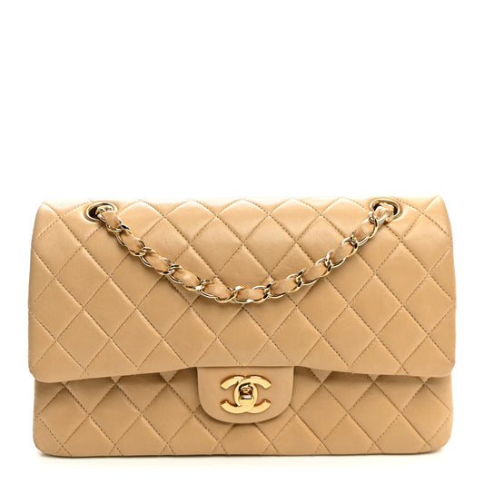 Lambskin Quilted Medium Double Flap Beige