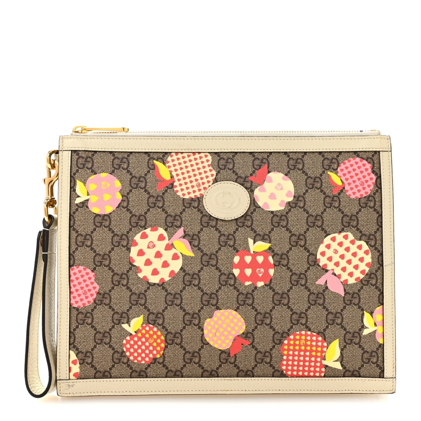 GG Supreme Monogram Les Pommes Interlocking G Wristlet Pouch  Beige Multicolor Mystic White