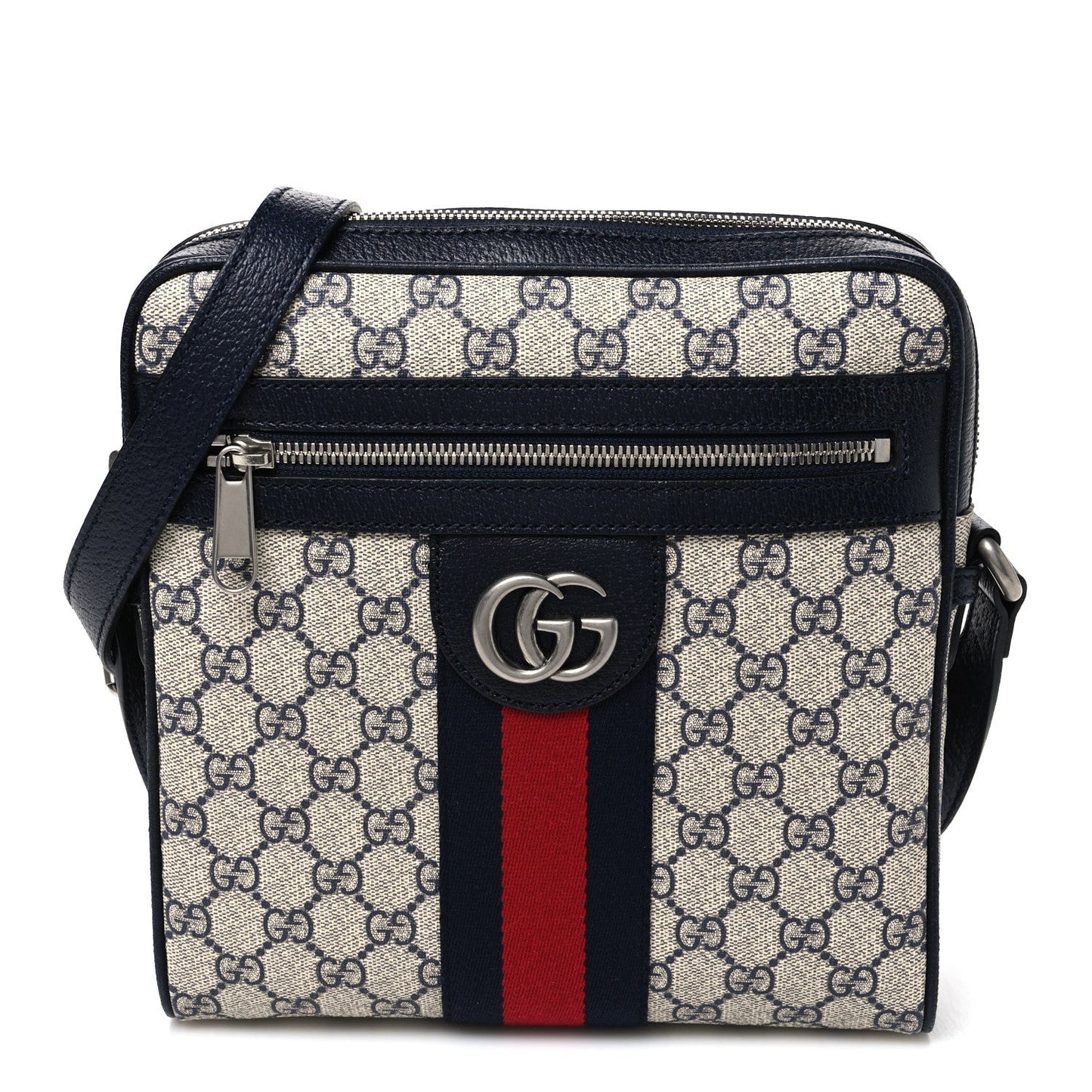 GG Supreme Monogram Textured Dollar Calfskin Web Small Ophidia Messenger Bag Beige Blue