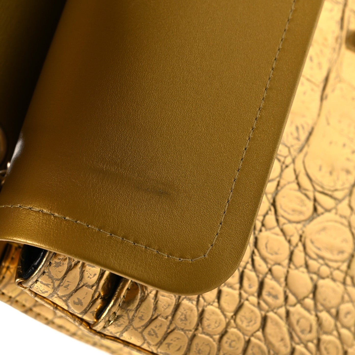 Metallic Calfskin Crocodile Embossed Cocodile Medium Double Flap Gold
