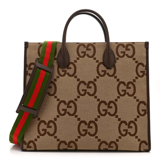 Monogram Jumbo GG Textured Dollar Calfskin Web Tote Bag Camel Ebony New Acero