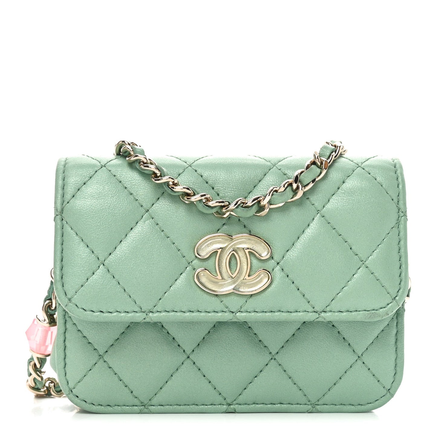 Lambskin Resin Quilted Mini Heart Coin Purse With Chain Light Green