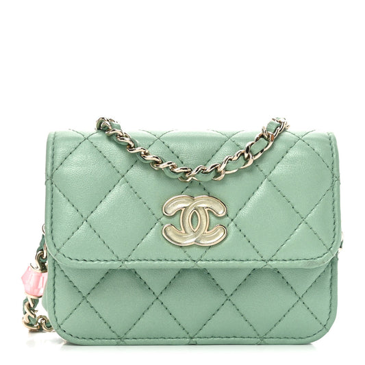 Lambskin Resin Quilted Mini Heart Coin Purse With Chain Light Green
