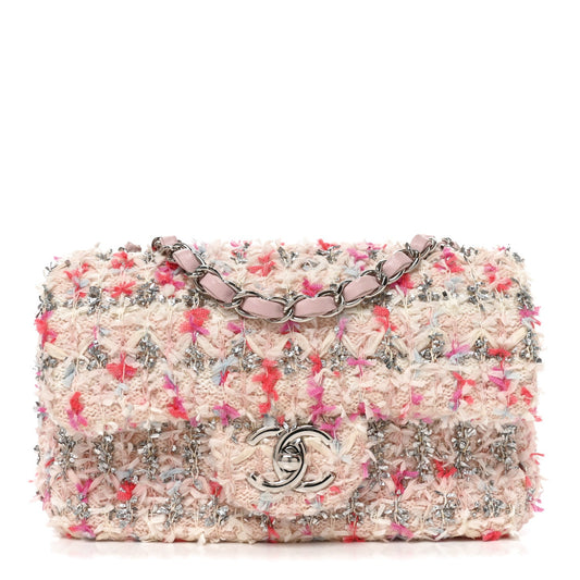 Tweed Quilted Mini Rectangular Flap Light Pink Silver Blue