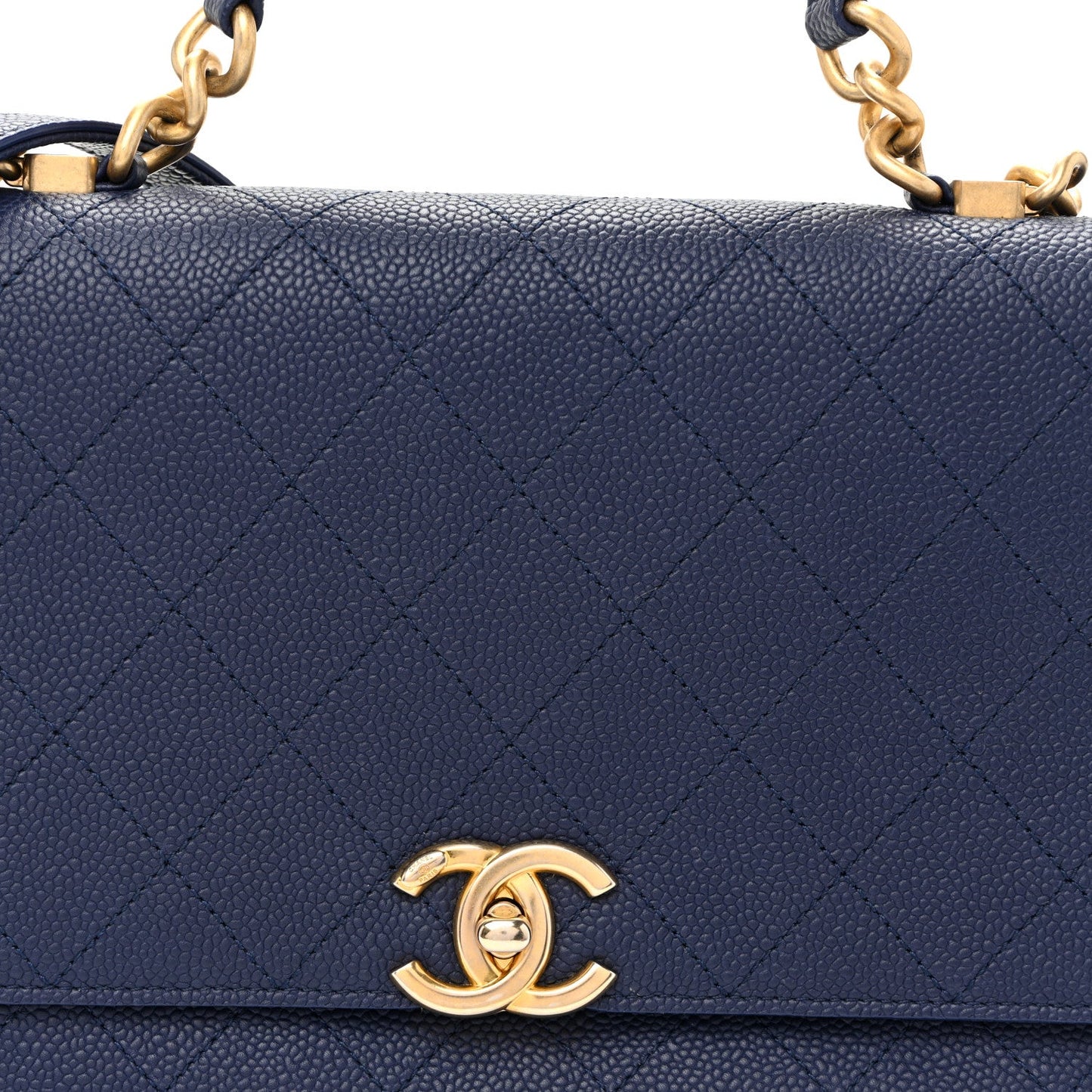Caviar Diamond Stitched Top Handle Flap Navy