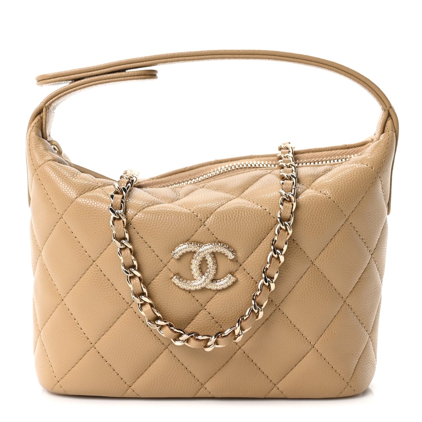 Caviar Quilted Hobo Clutch With Chain Dark Beige