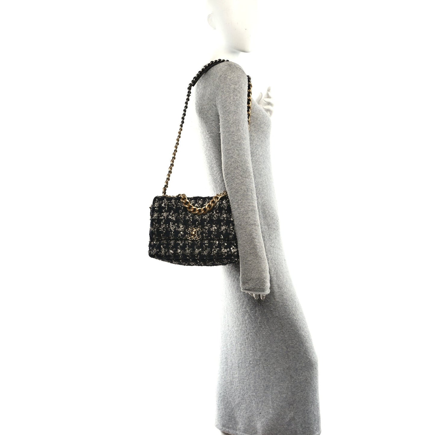 Tweed Quilted Large Chanel 19 Flap Black Silver Ecru