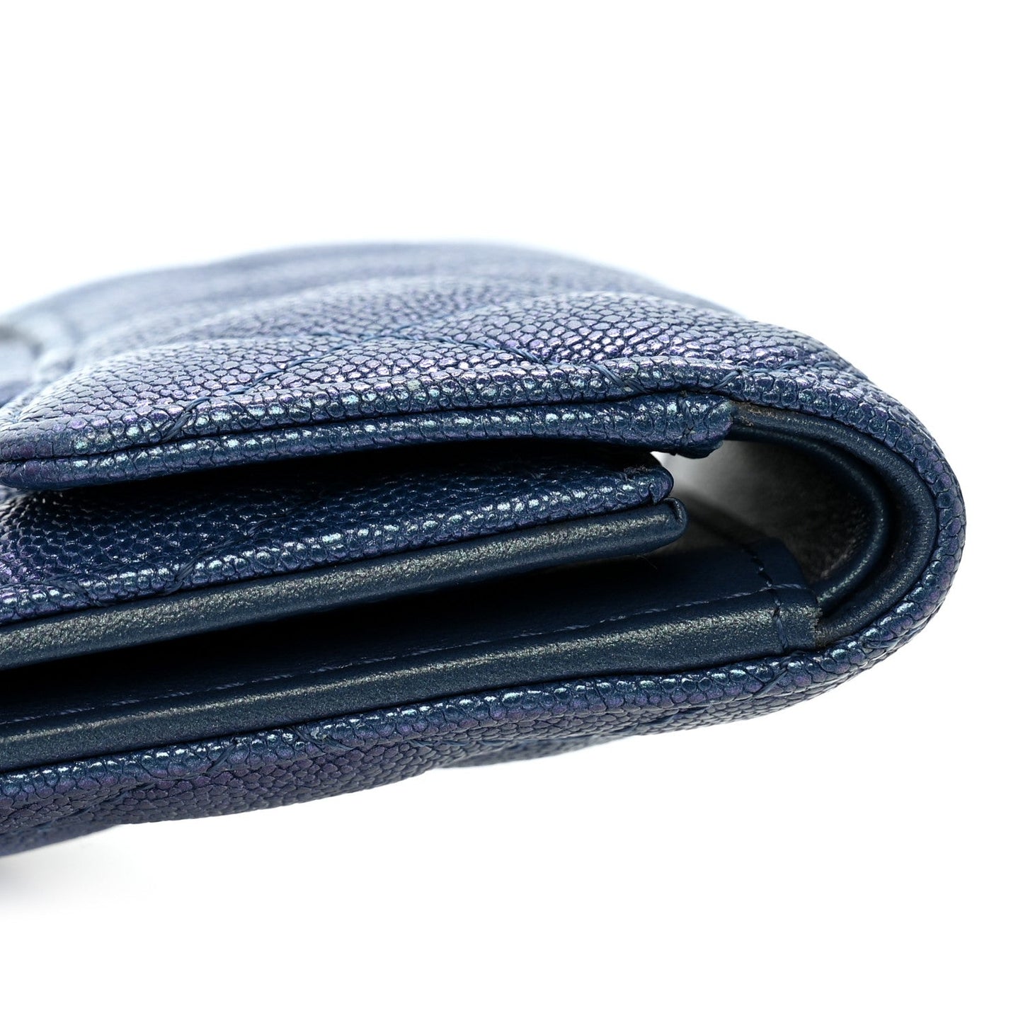 Iridescent Caviar Flap Quilted Card Holder Wallet Dark Blue