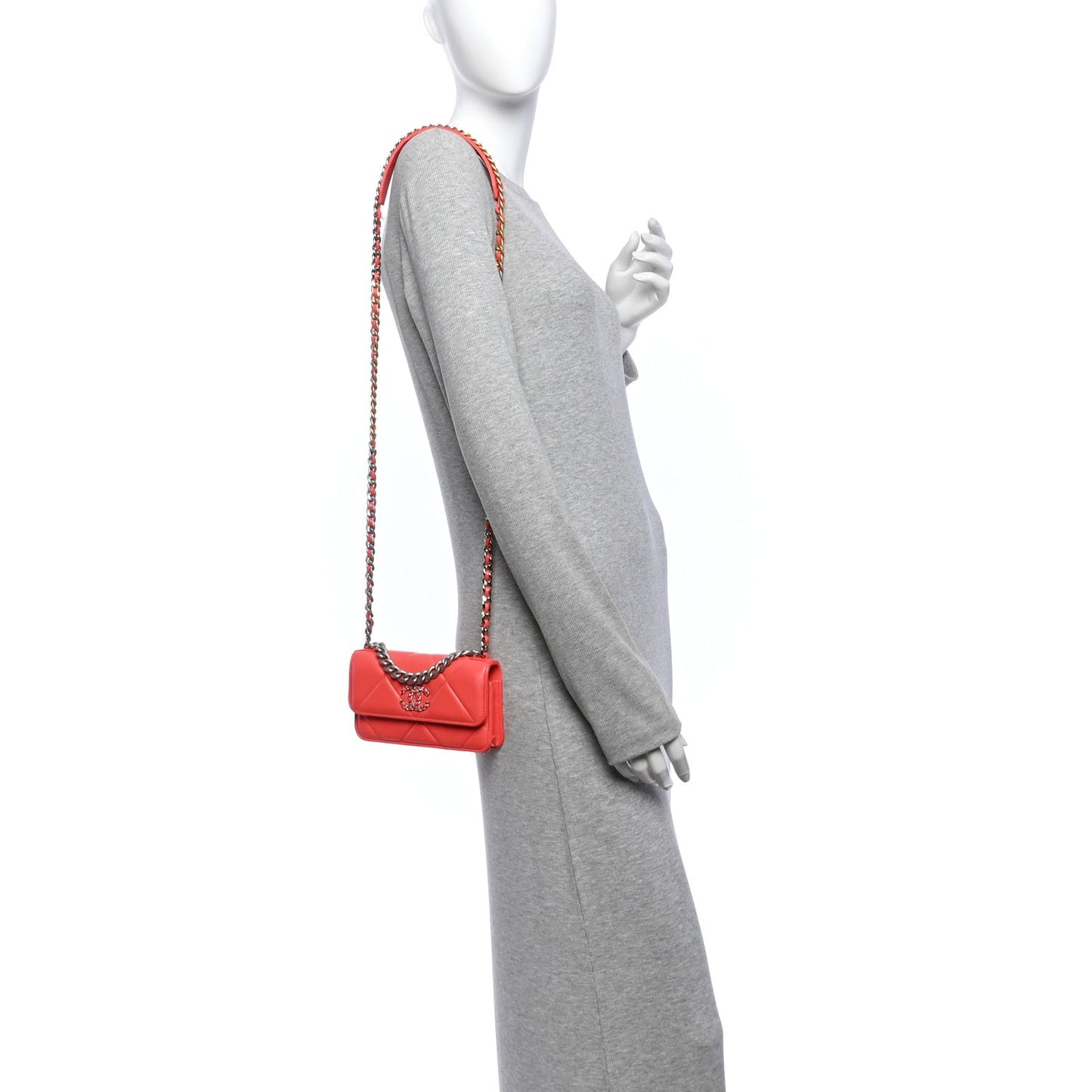 Lambskin Quilted Chanel 19 Flap Phone Holder With Chain Coral