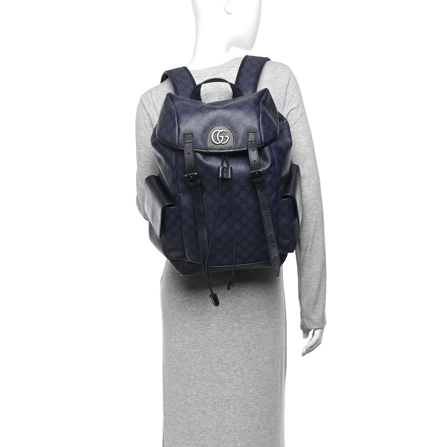 GG Supreme Monogram Textured Dollar Calfskin Medium Ophidia Double Buckle Backpack Blue Dark Blue Black