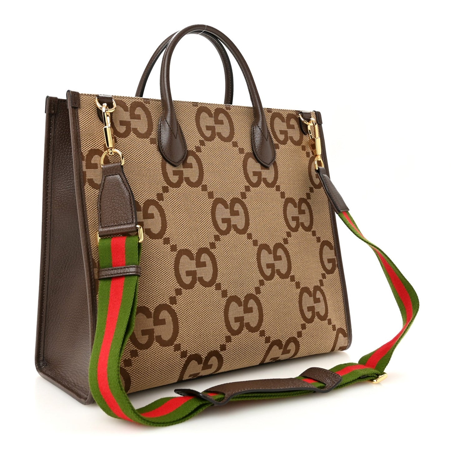 Monogram Jumbo GG Textured Dollar Calfskin Web Tote Bag Camel Ebony New Acero