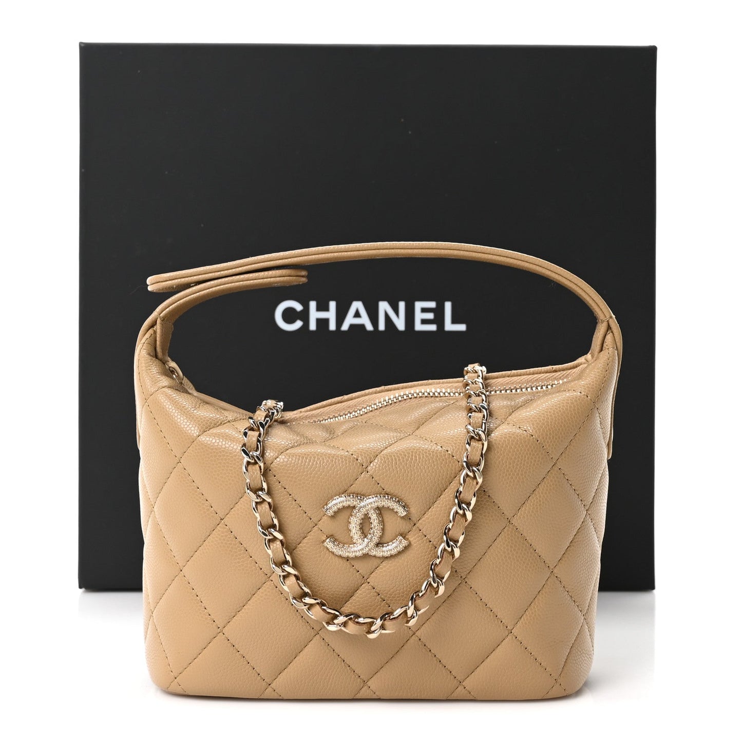 Caviar Quilted Hobo Clutch With Chain Dark Beige
