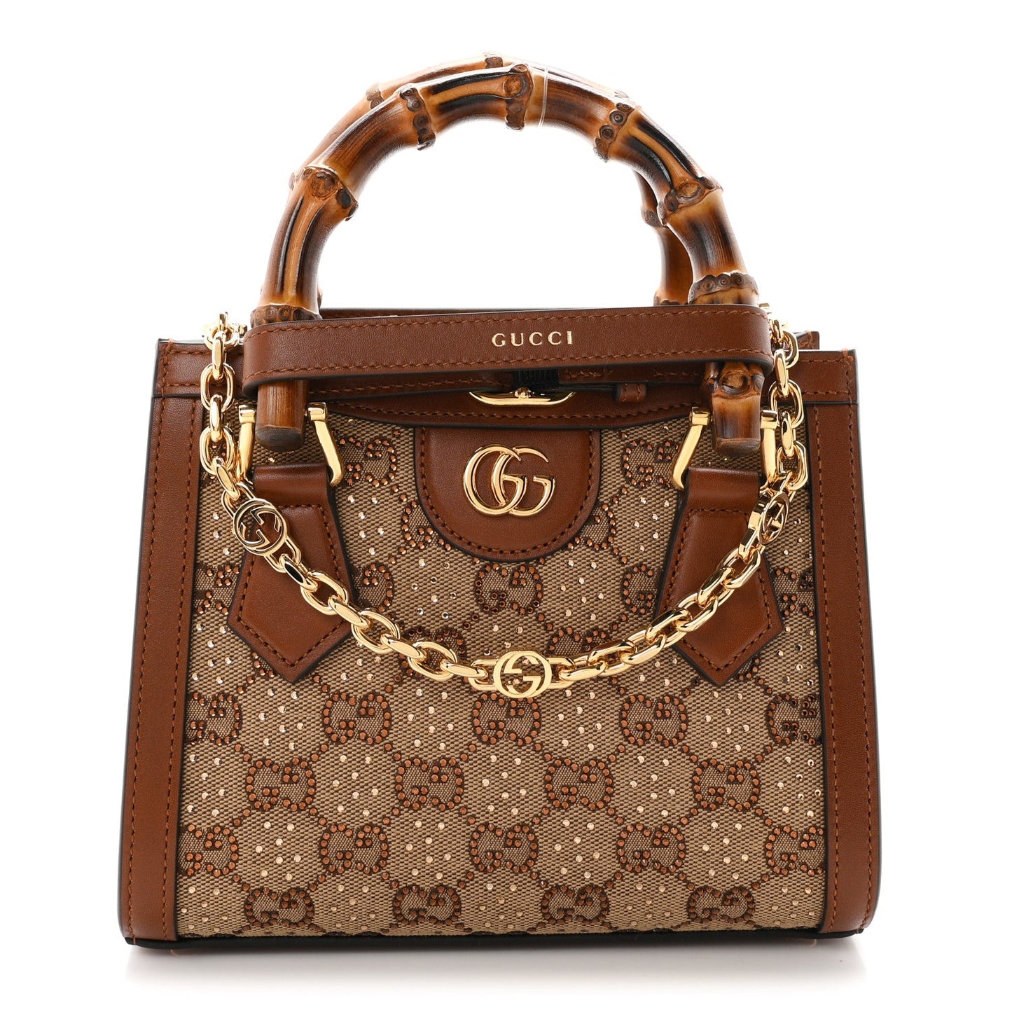 New Canvas Charisma Calfskin Crystal GG Monogram Mini Diana Tote Bag Camel Ebony