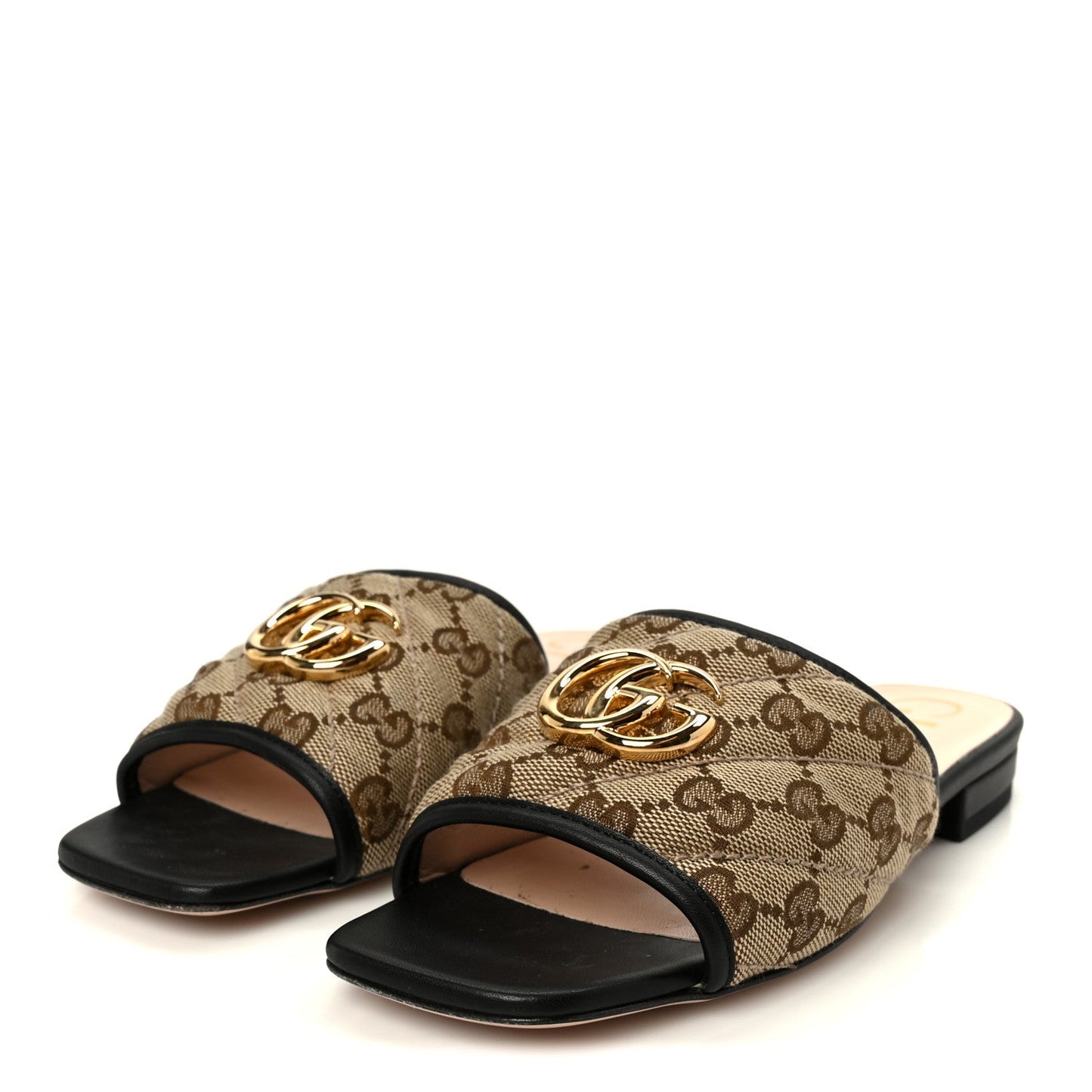Monogram Matelasse Diagonal GG Marmont Flat Slide Sandals 35 Beige Ebony Black