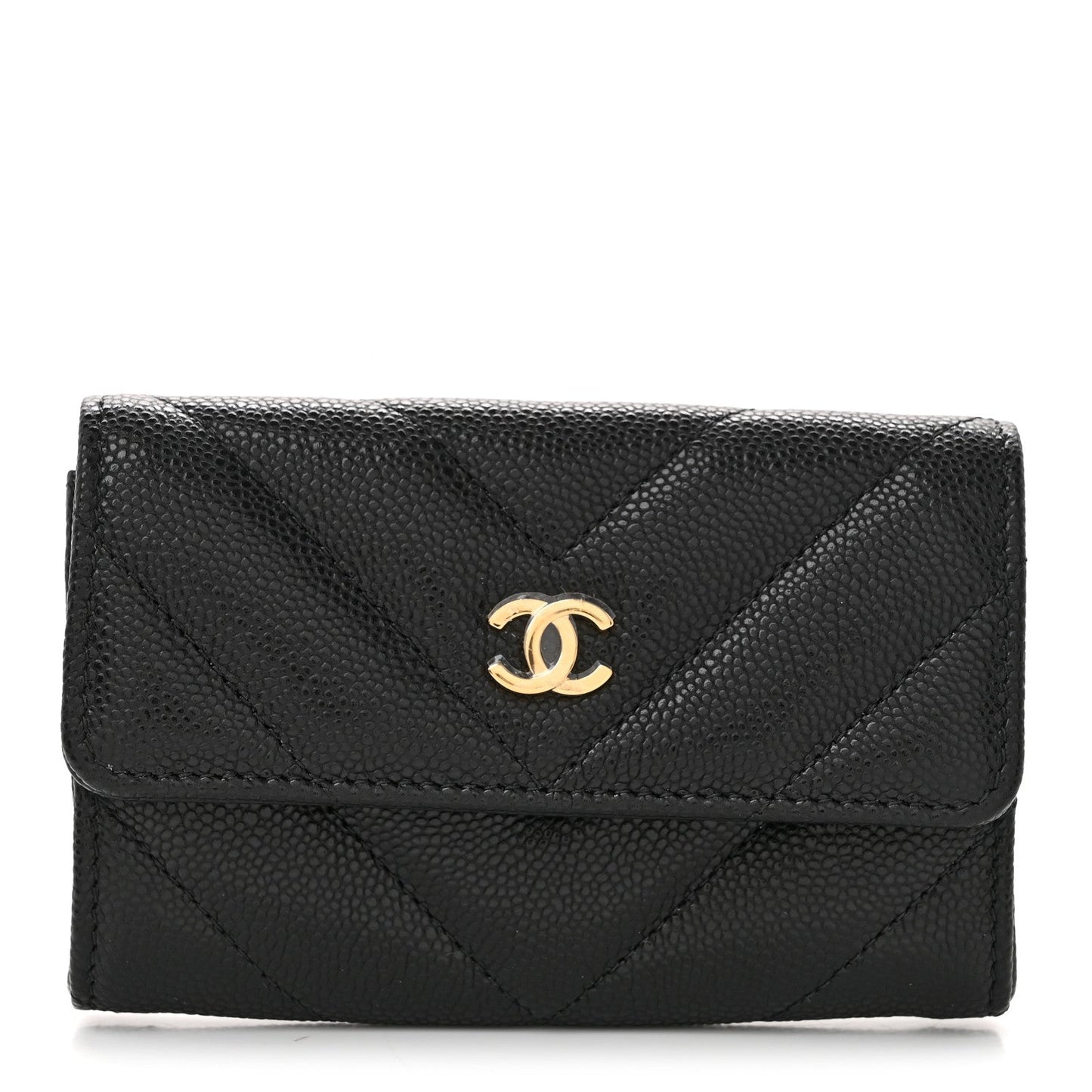Shiny Caviar Chevron Quilted Flap Card Holder Black
