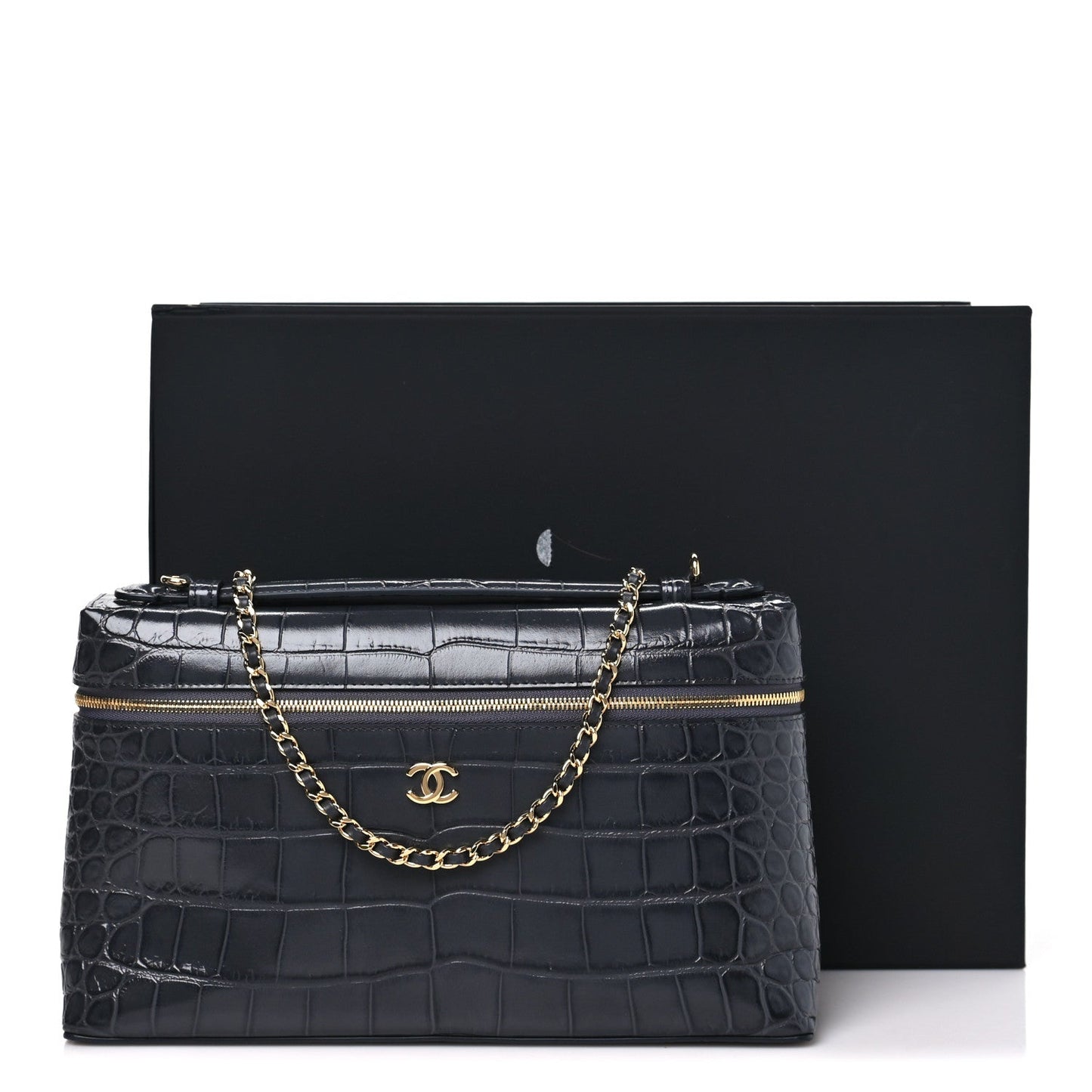 Calfskin Crocodile Embossed Large Supple Trapeze Vanity With Chain Grey
