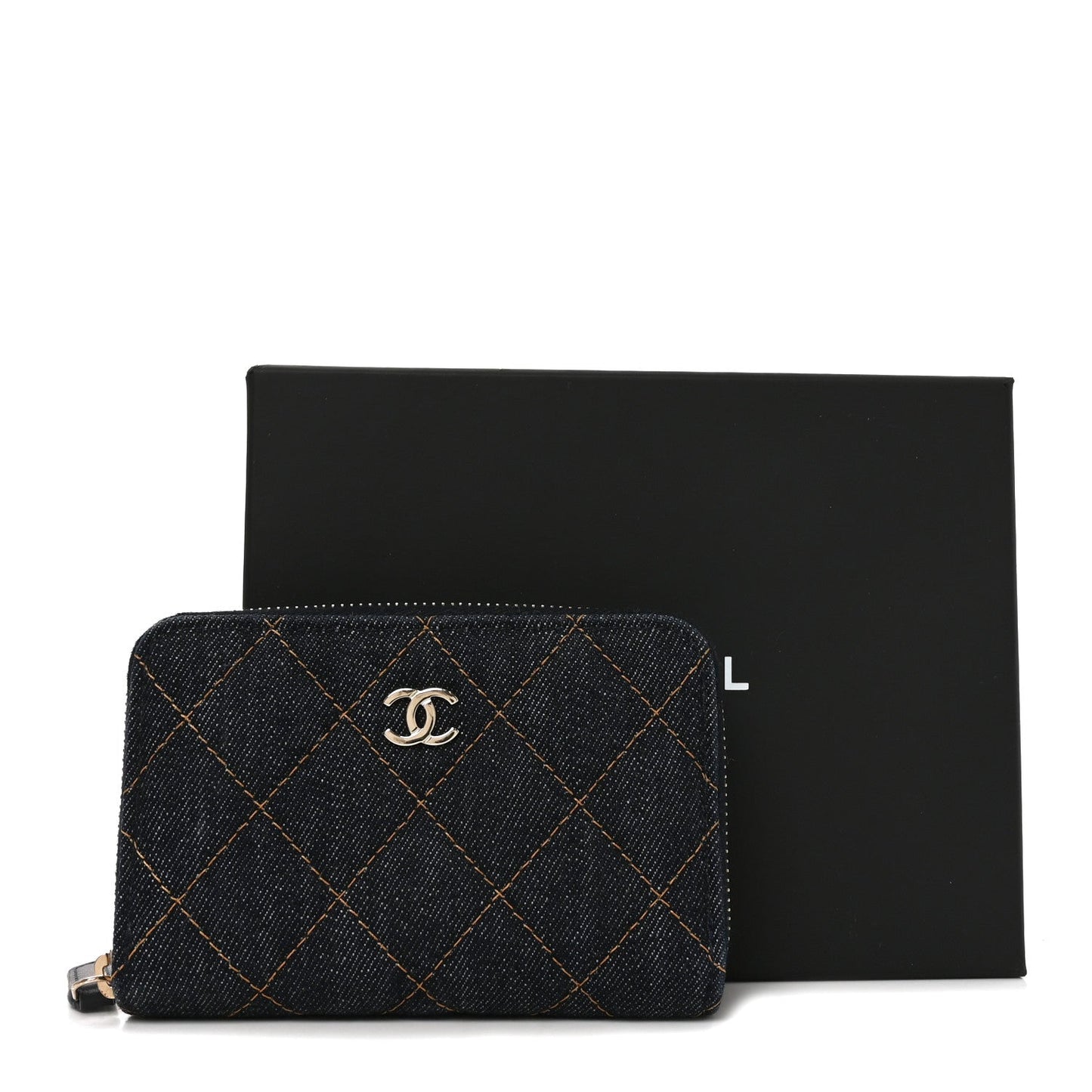 Denim Quilted Zip Coin Purse Dark Blue Orange