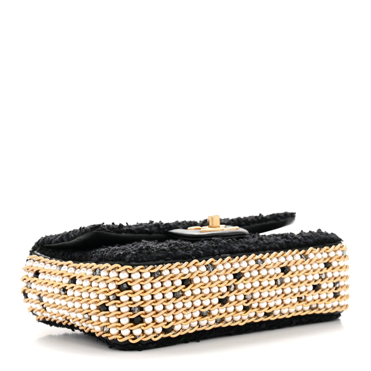 Tweed Quilted Mini Side Pearl Flap Bag Black