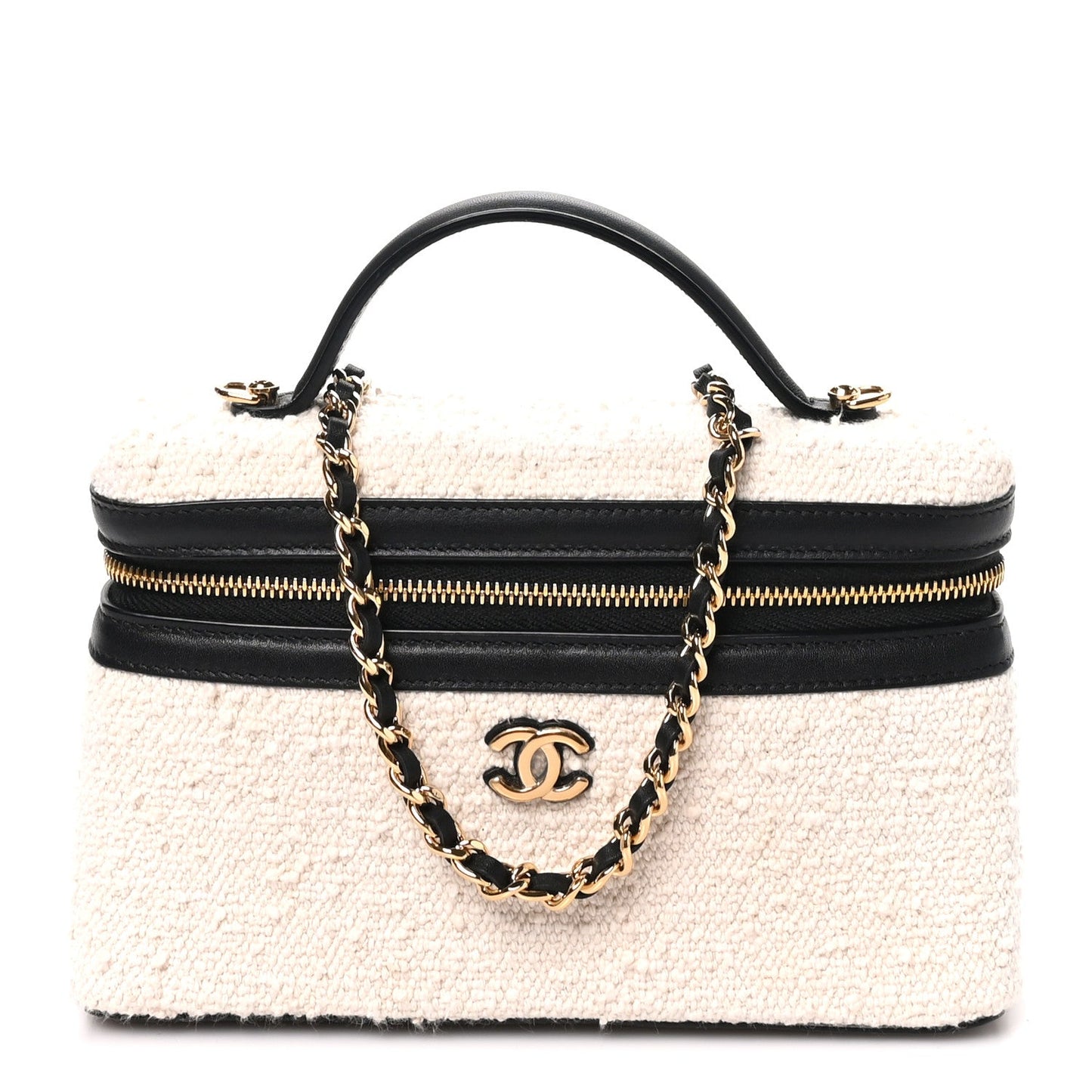 Boucle Calfskin Top Handle Slim Vanity Case With Chain Ecru Black