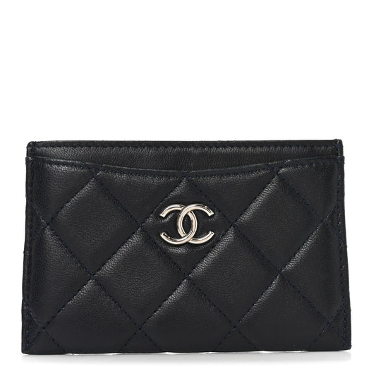 Lambskin Quilted Card Holder Navy Blue
