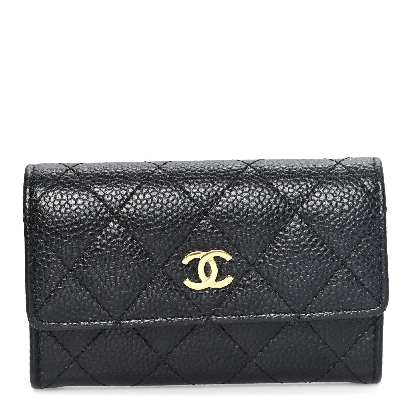 Caviar Quilted Flap Card Holder Wallet Black