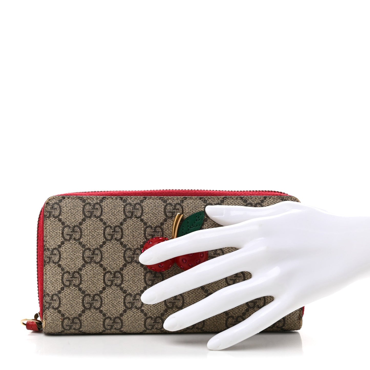 GG Supreme Monogram Cherries Zip Around Wallet Hibiscus Red