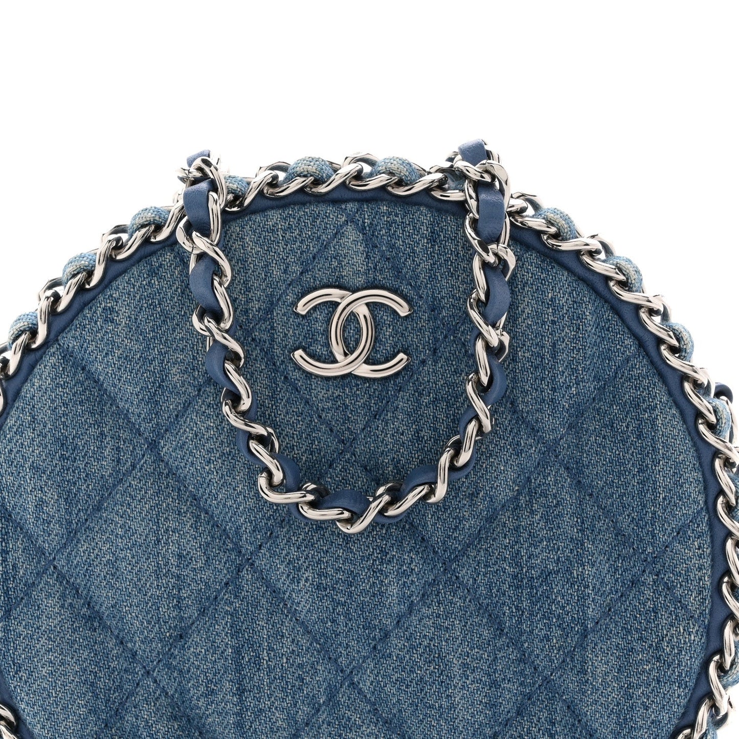 Denim Quilted Round Clutch With Chain Blue