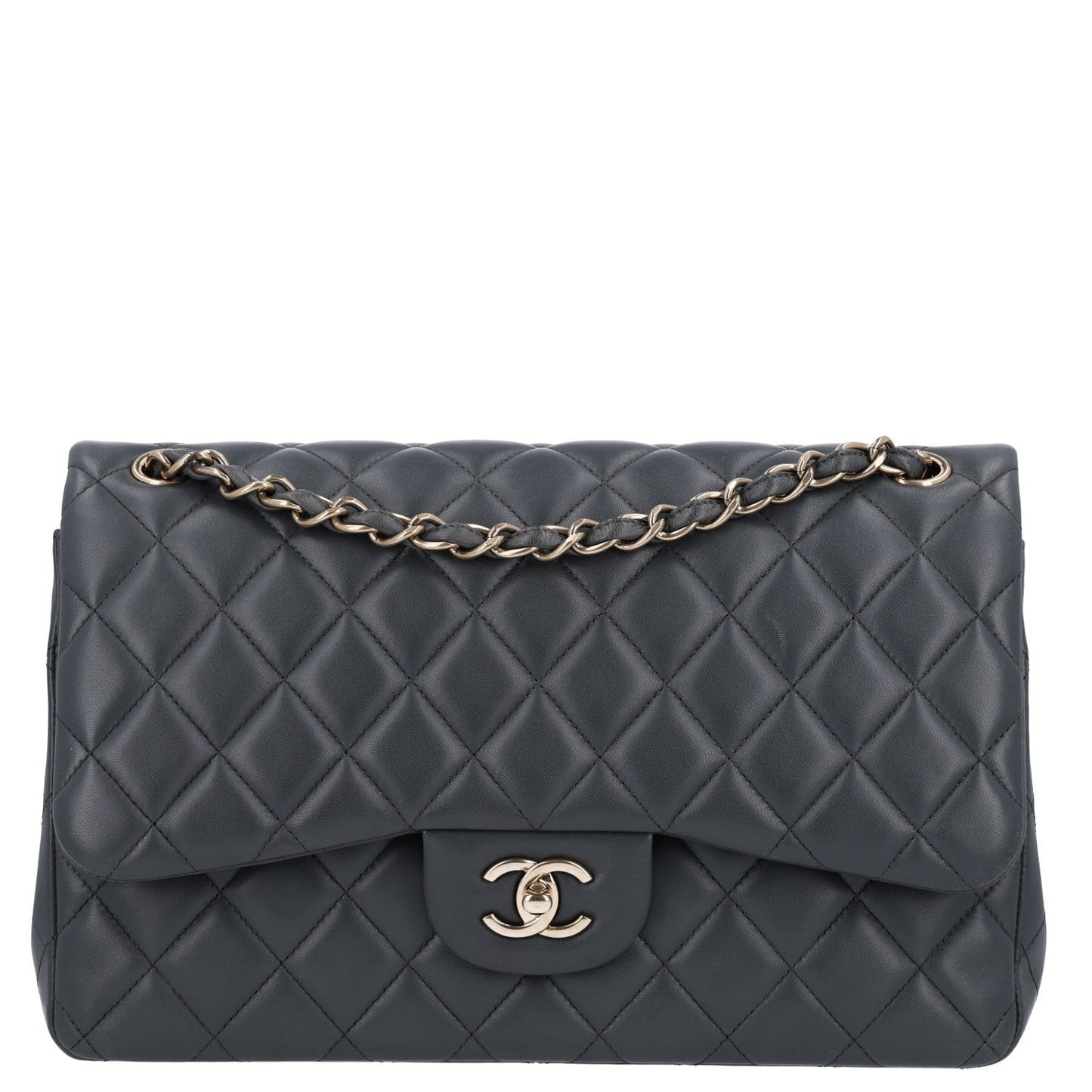 Lambskin Quilted Jumbo Double Flap Dark Grey