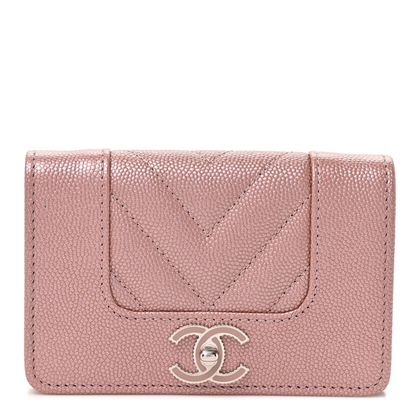 Metallic Caviar Chevron Quilted Vintage Mademoiselle Flap Card Holder Pink