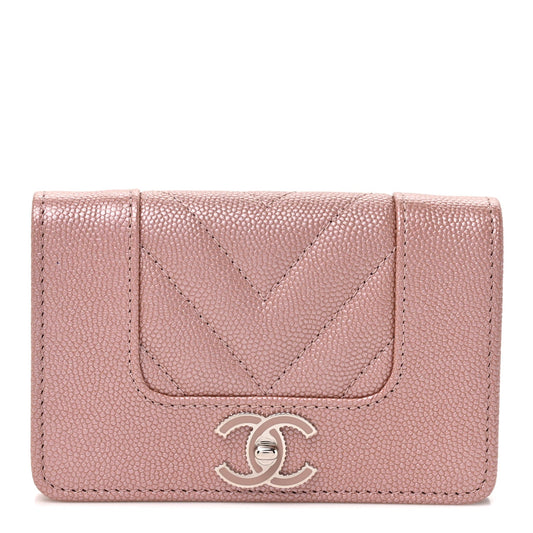 Metallic Caviar Chevron Quilted Vintage Mademoiselle Flap Card Holder Pink