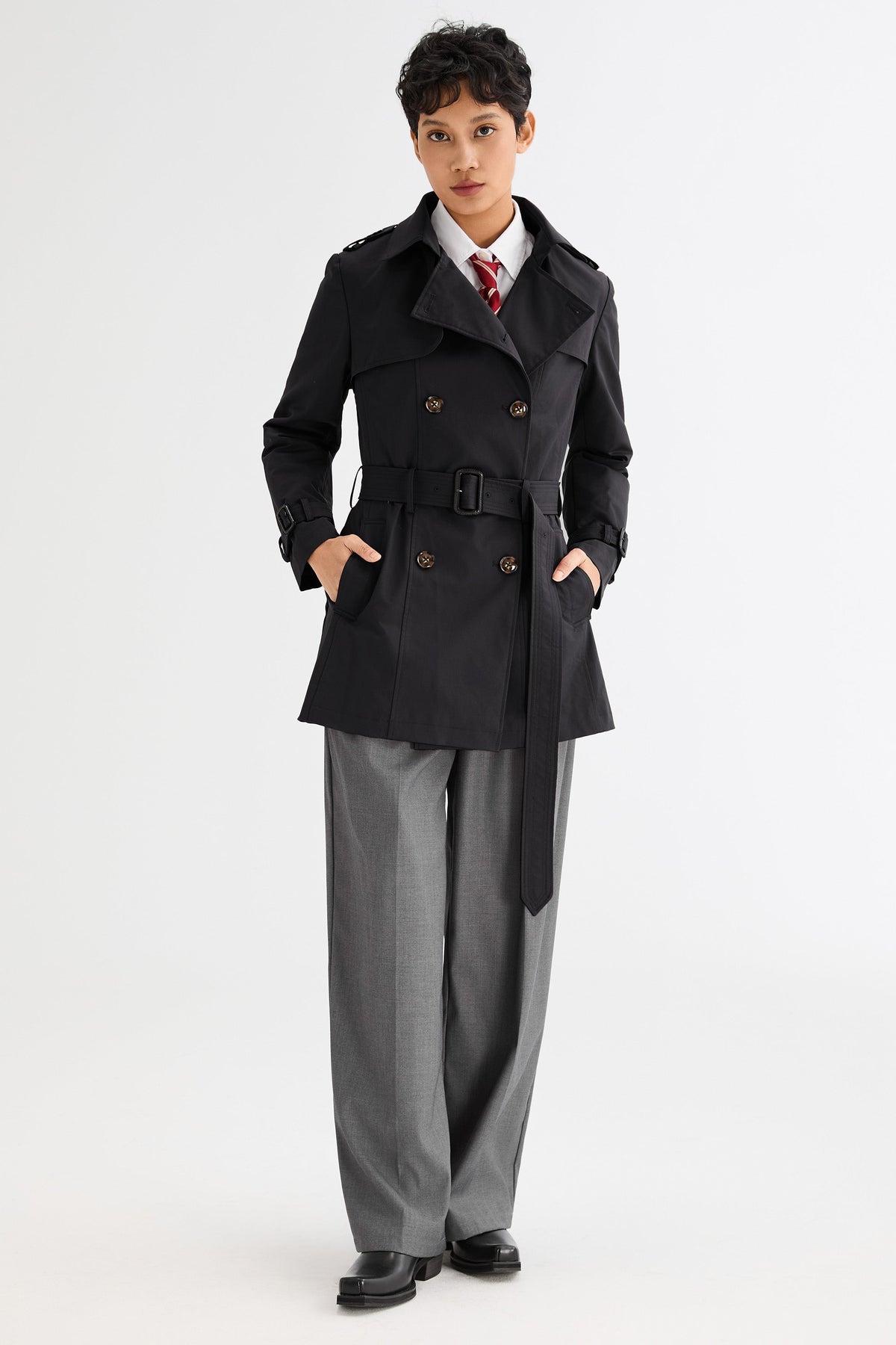 3/4 Double-Breasted Short Trench Coat