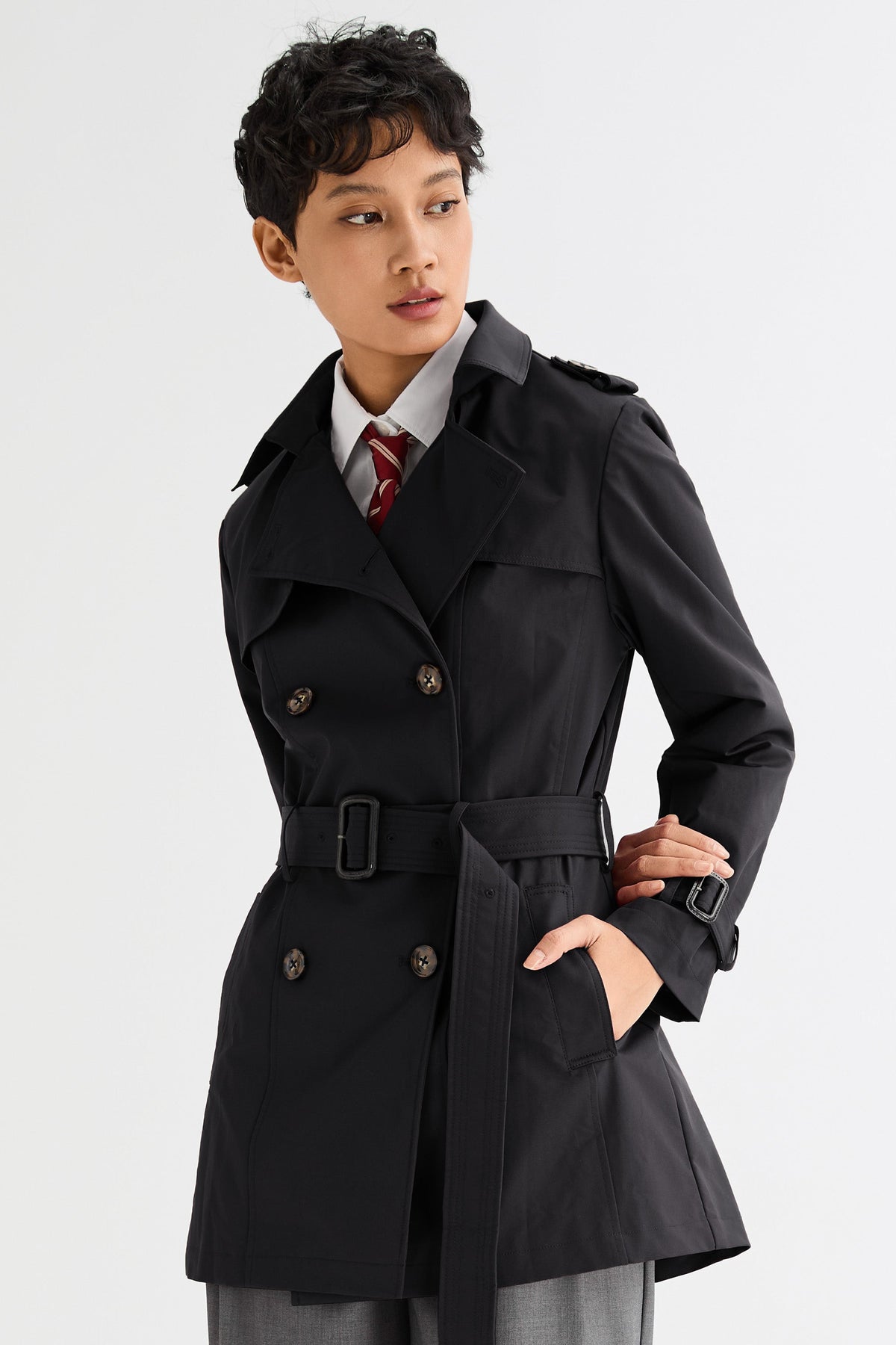3/4 Double-Breasted Short Trench Coat